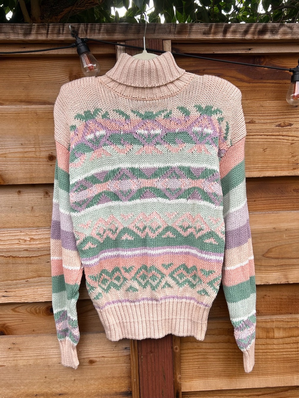 Vintage 90s LizSport Ramie Cotton Linen Peach Striped Turtleneck Chunky Sweater